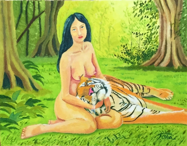 虎を抱く裸婦