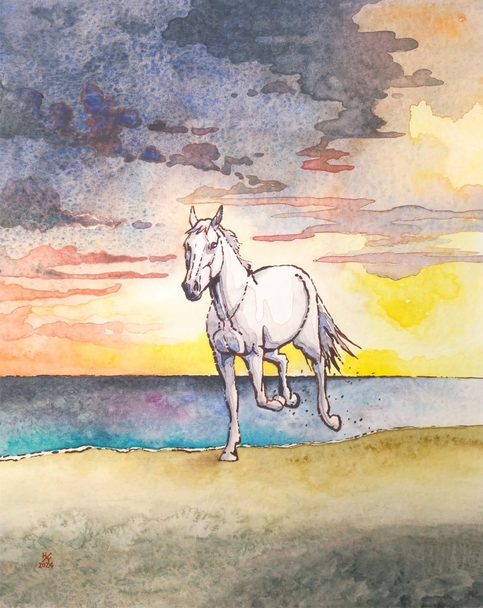 静かな浜を駆ける馬