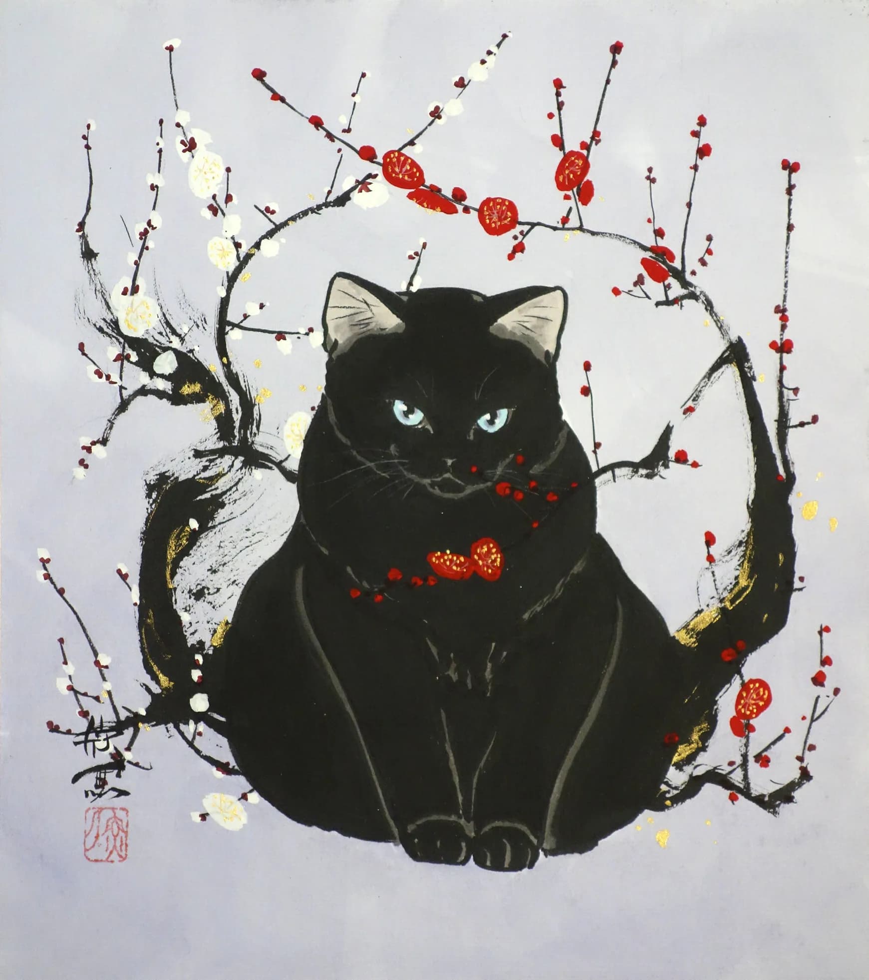 紅白梅黒猫