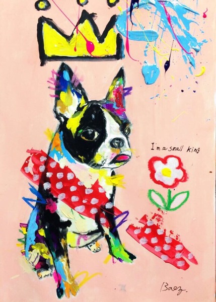 ボストンテリア　犬　餌　原画　キャンバスF3号　BAEZ3 ボストンテリア 犬 餌 原画 キャンバスF3号 BAEZ3