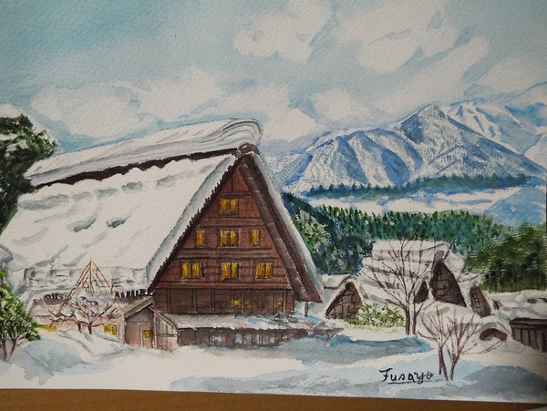 【真作保証】 流月真一 雪の白川郷 油彩 風景画 油絵 絵画 美術品 雪国 家屋 想像を超えての 真作保証 流月真一 油彩 風景画「冬の白川郷」画