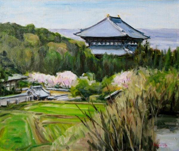 油絵大仏殿の春 - 絵画
