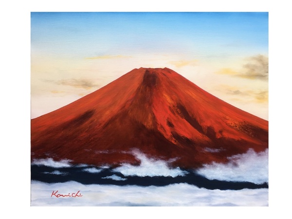 優しいピンクの桜色に染まる紅富士(梨ヶ原)▲がんどうあつし絵画油絵ホワイト額縁付 値下げ▽優しいピンクの桜色に染まる紅富士(梨ヶ原)△がんどう