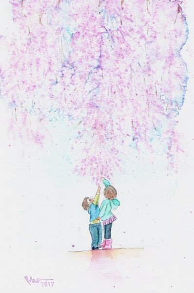枝垂れ桜と子供