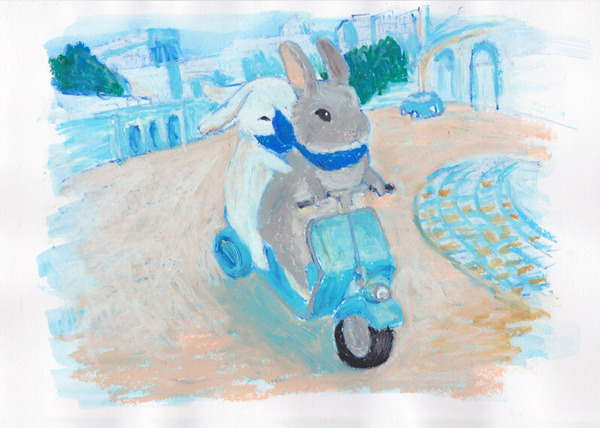 青いバイクにのるうさぎ