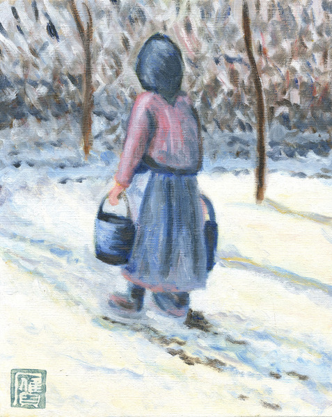 模写:ピサロ<雪に映える朝日>の部分