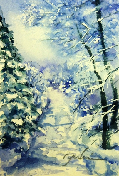 水彩画　ジクレー版画「雪の金明竹」（高良山／久留米市） 水彩画 ジクレー版画「雪の金明竹」（高良山／久留米市） 水彩画