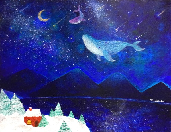 宇宙画 紺碧の夜を泳ぐクジラたち 三日月レモン Art Meter 宇宙画 紺碧の夜を泳ぐクジラたち 三日月レモン Art Meter