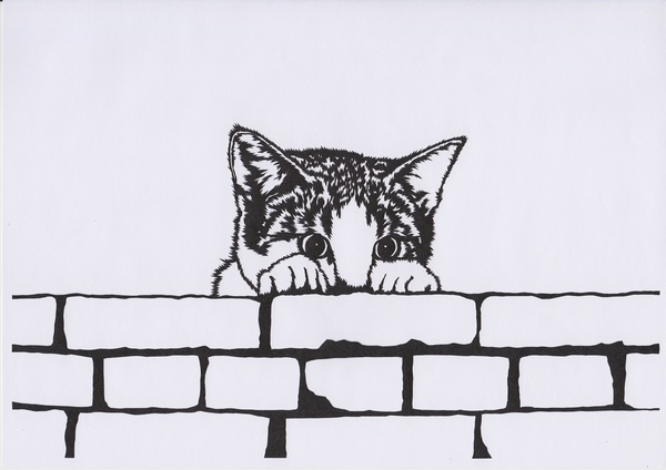 Cool画 切り絵 7 煉瓦壁から覗く猫 織庭黒葉 Art Meter