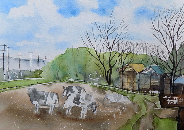牧場に春が 》水彩画 風景画 原画(炎天下の廃墟<透明水彩 牧場に春が 》水彩画 風景画 原画(炎天下の廃墟<透明水彩