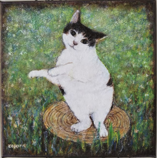 黒猫の油絵 油絵 専用 切り株の上の黒猫