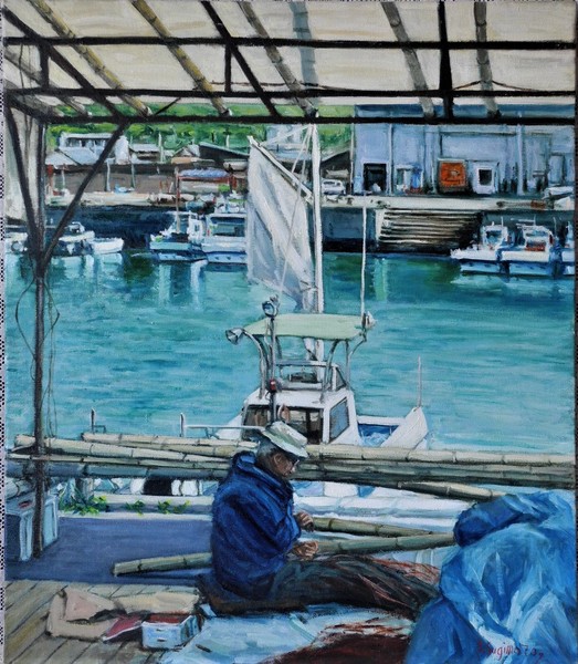 水彩画「漁港－エビ網を干す」 風景画 almasahco.com