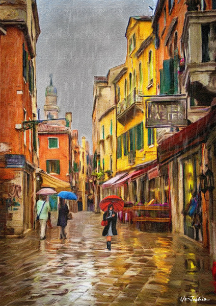 お部屋のインテリアにキレイな版画「雨の街角」 すごい雨で窓の外が真っ白な日。 家にいて雨を見るのが好きって