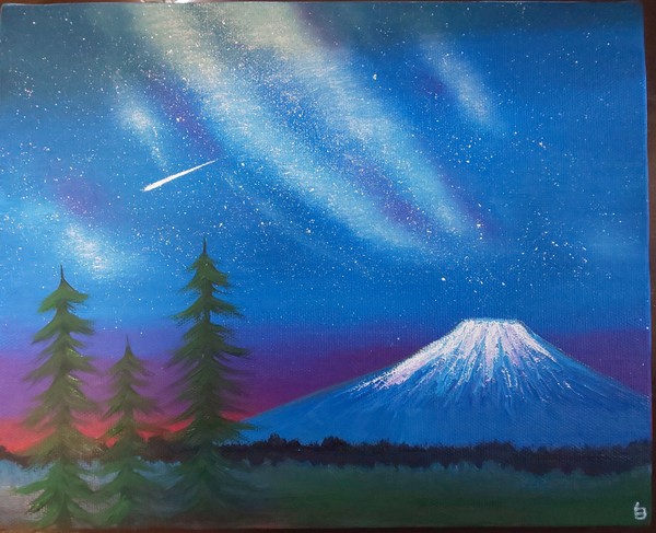 空想 幻想画 富士山と流れ星 白薔薇 Art Meter