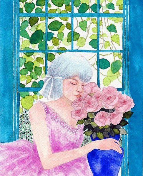 窓辺の少女と薔薇の花