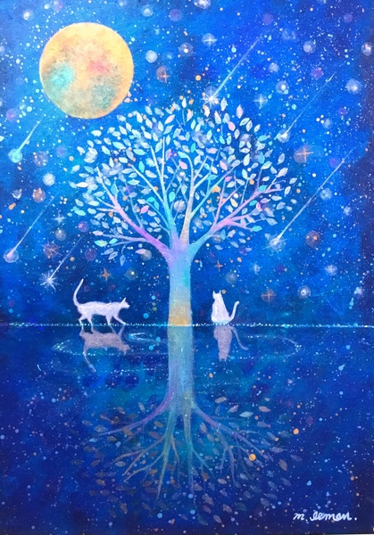 猫は鈍色の嘆きの三日月に寄り添う(size11x11)小さな水彩画　原画 猫は鈍色の嘆きの三日月に寄り添う(size11x11)小さな水彩画 原画