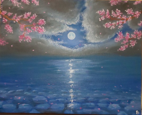 夜桜と月