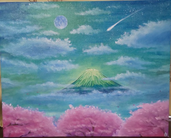 富士山と夜桜」 by 白薔薇｜Artmeter｜暮らしを彩るアートが
