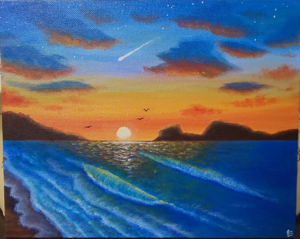 油絵 絵画 夕日の海【Ａ3】-