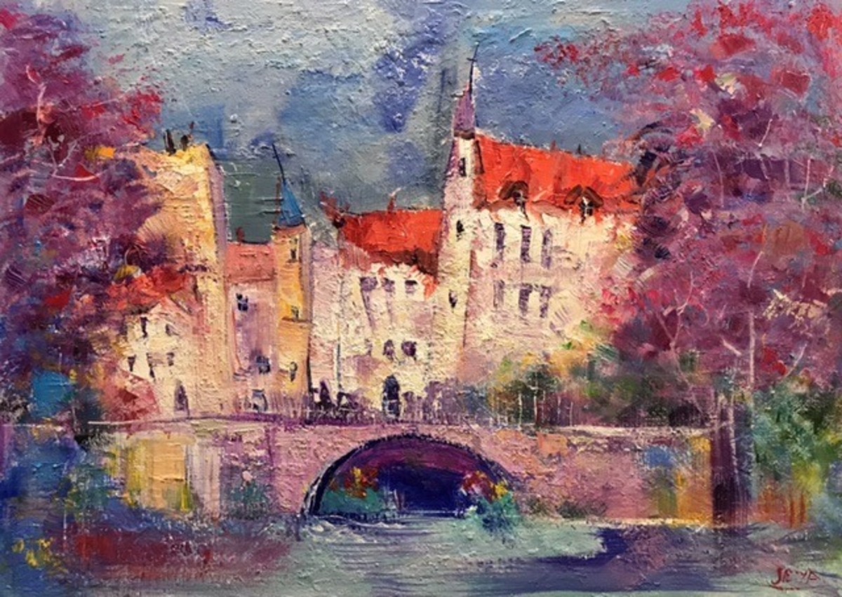 油絵ブルージュの運河