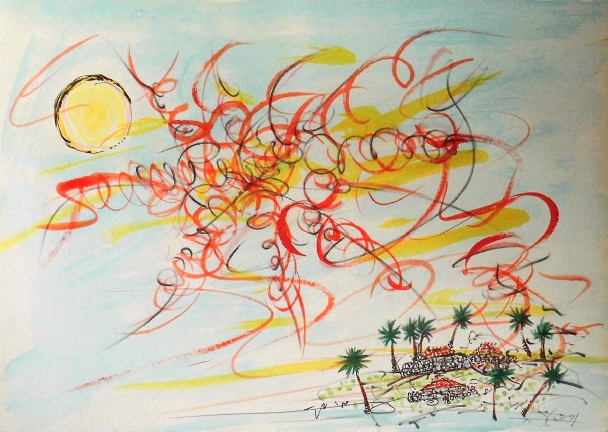 □ 沖縄小浜島の台風/水彩肉筆画 □