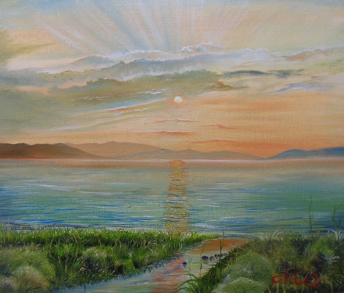 夕陽の湖水風景