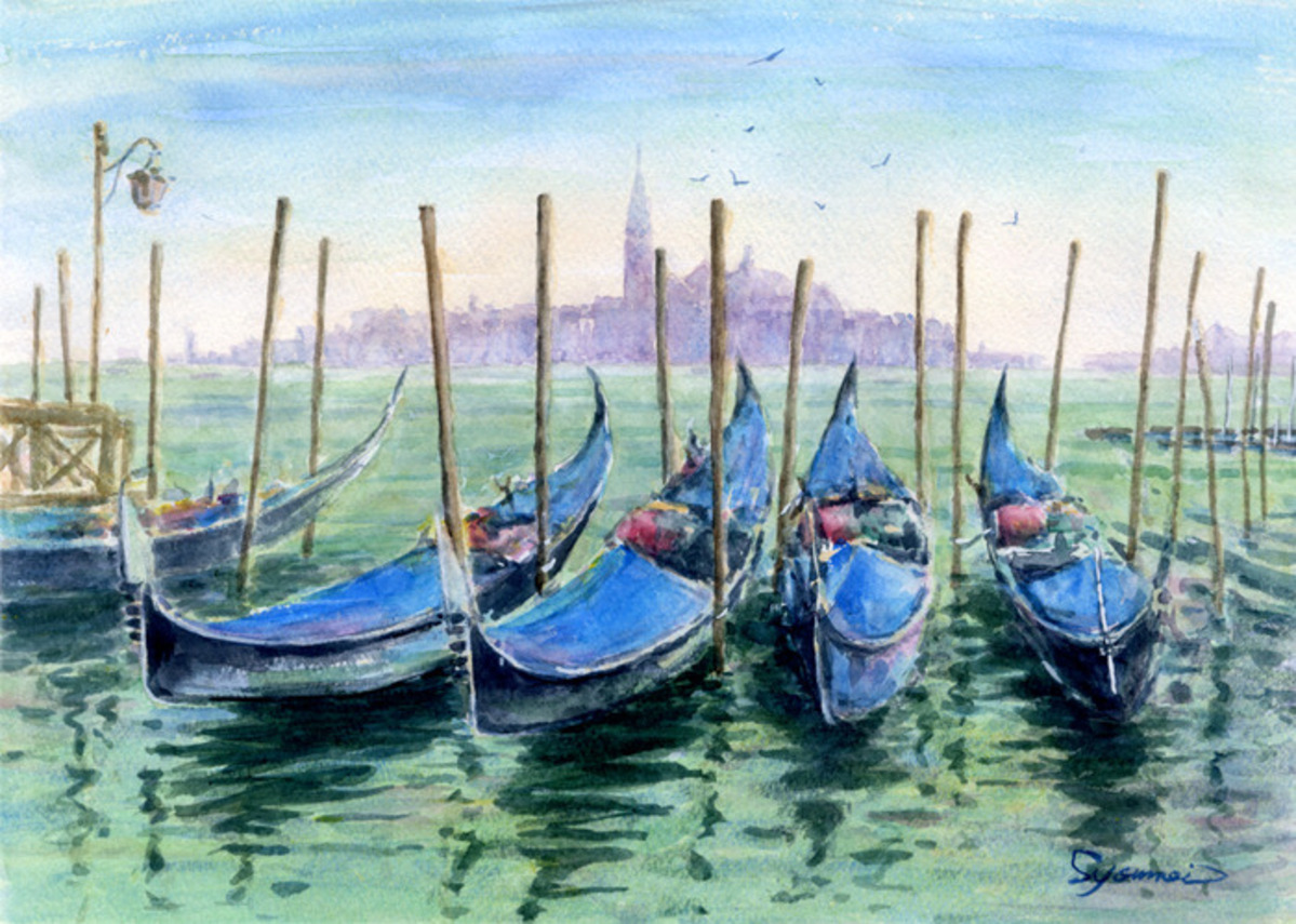 水彩画原画 ヴェネツィア運河・ゴンドラ #596