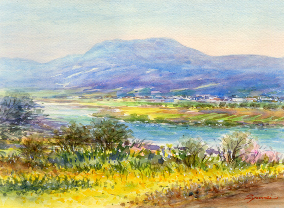 水彩画原画 斑尾山と千曲川の風景 #570