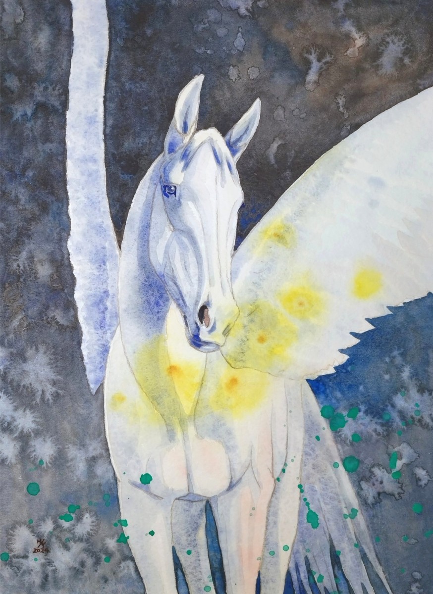 絵画「白馬とハスキー」水彩画