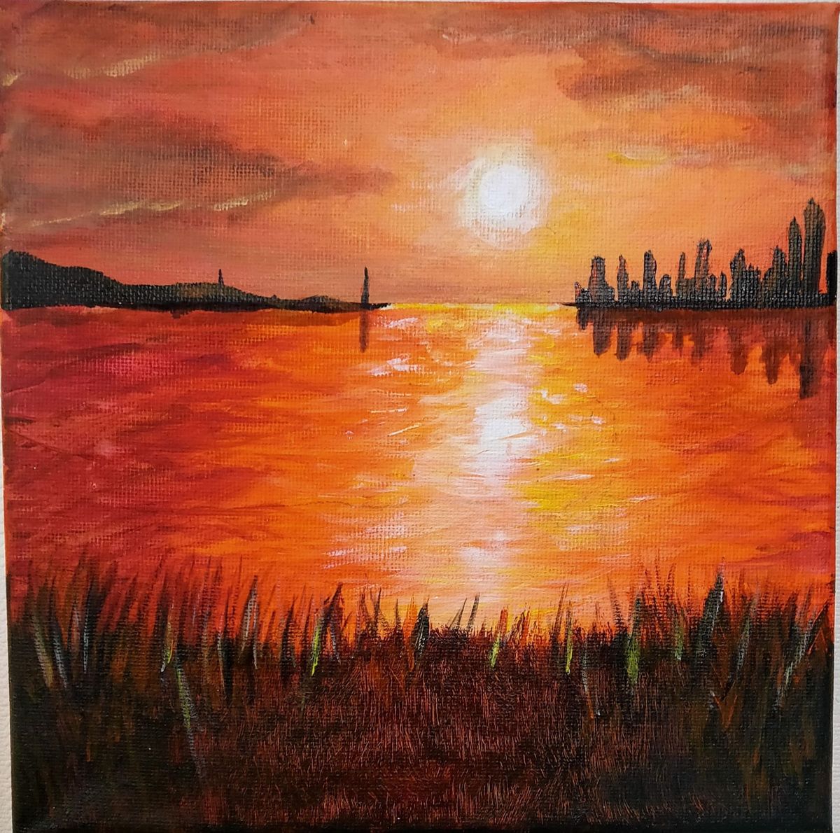 夕日に染まる赤い海