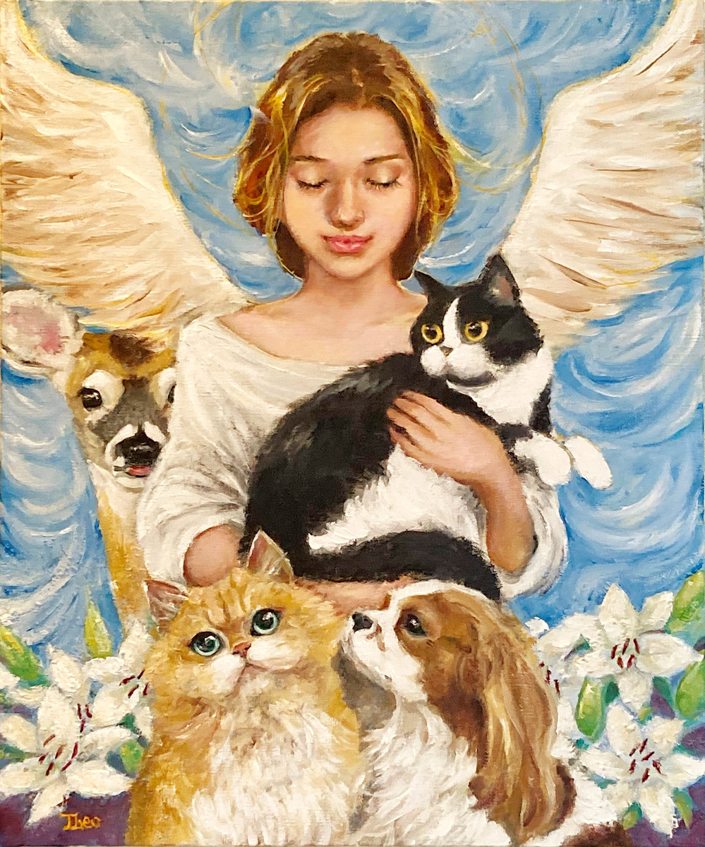 油絵 専用 バスクシャツを着て自画像を描く猫 1650夜 『ピカソ』 マリ