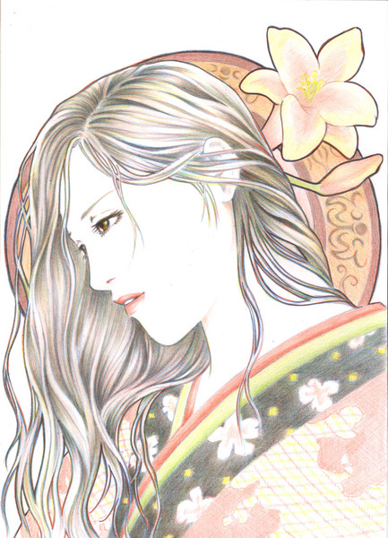 色鉛筆画絵画 「乱れ髪」