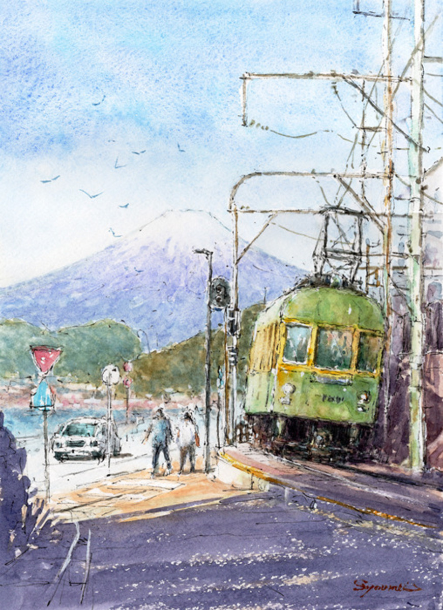 663＊電車と独鈷山 水彩画原画透明水彩画