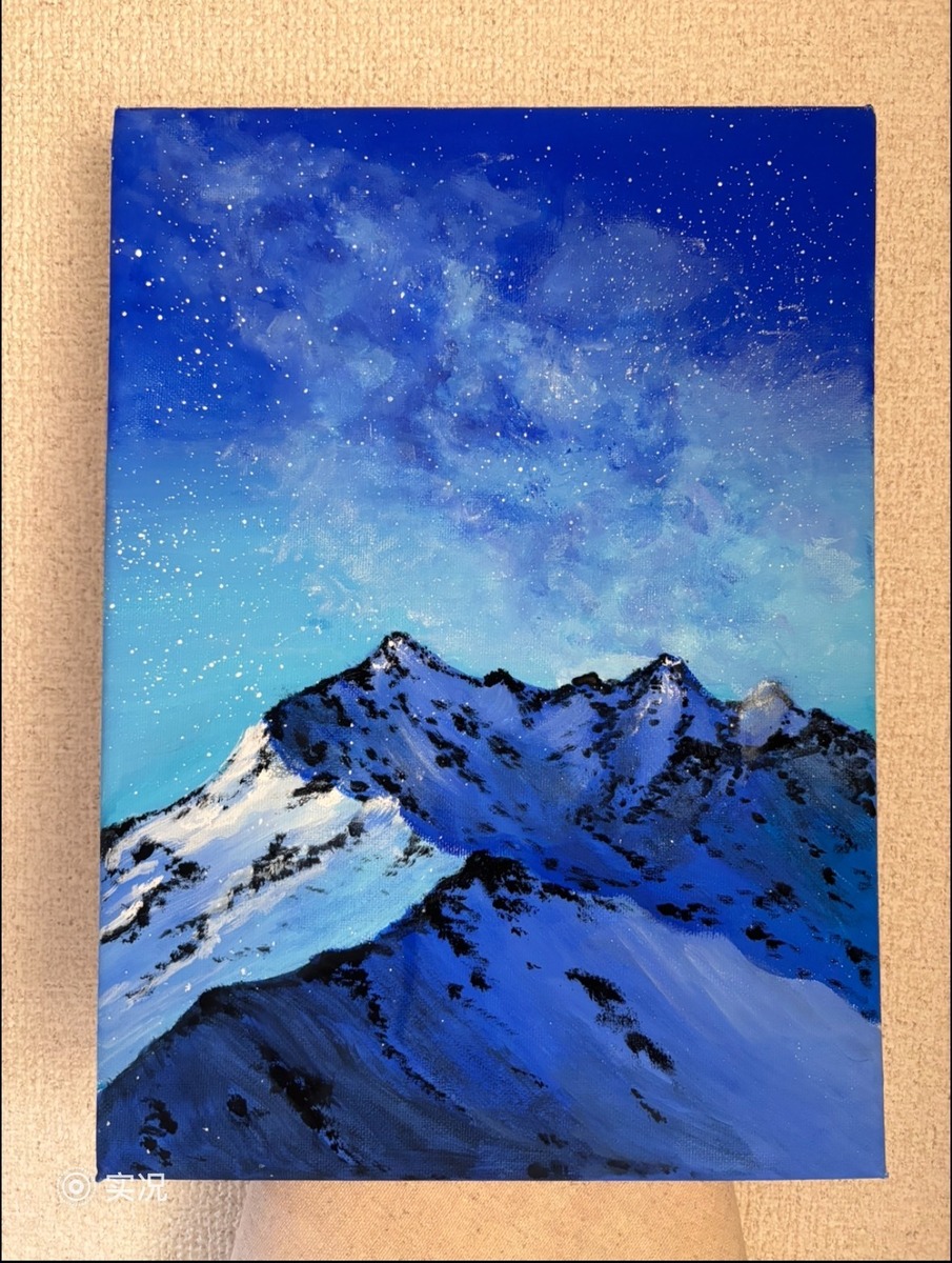 アクリル画 雪山と星空