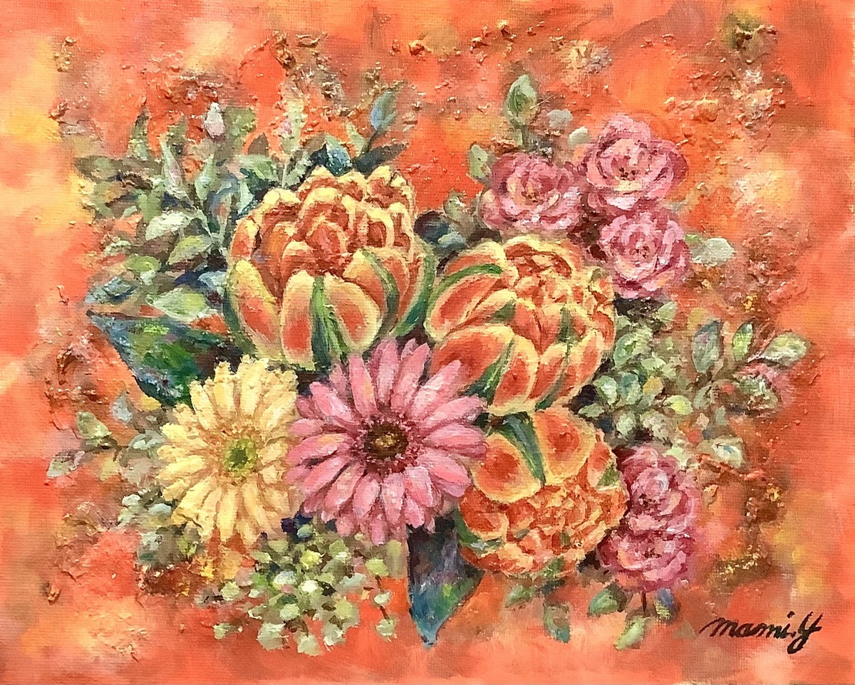 オレンジ色のチューリップの入った花束
