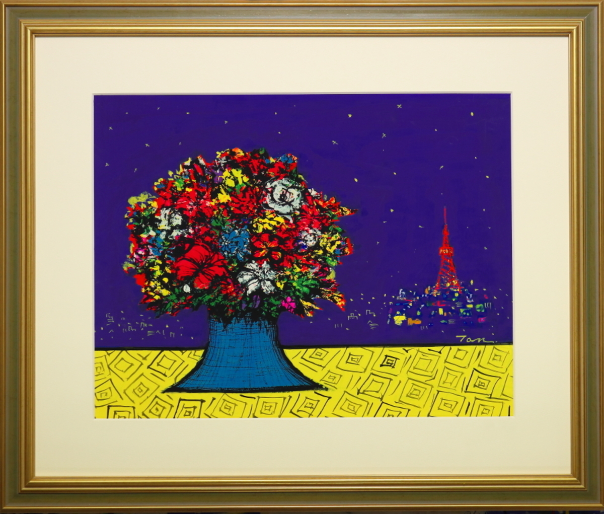 「東京タワーの見える静物」(NO.2513) 版画紙にアクリル絵の具 額付き