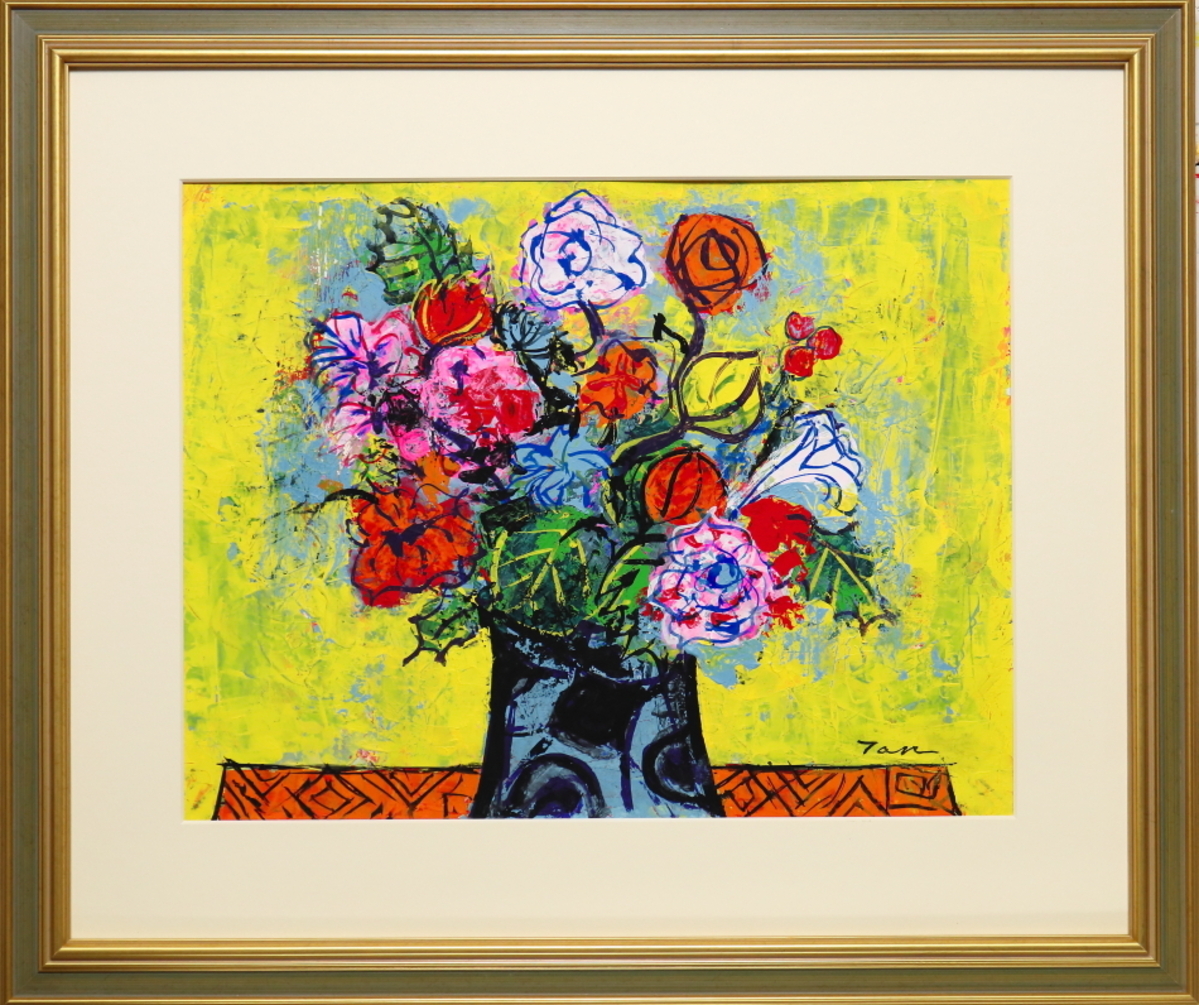 「Flowers」(NO.2515) 6号F ケント紙(0.5ミリ厚)にアクリル絵の具不透明 額付き