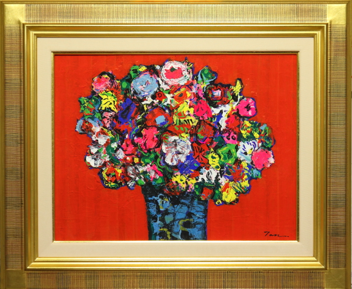 「Flowers」(NO.2512) 6号F ケント紙(0.5ミリ厚)にアクリル絵の具 油彩額付き