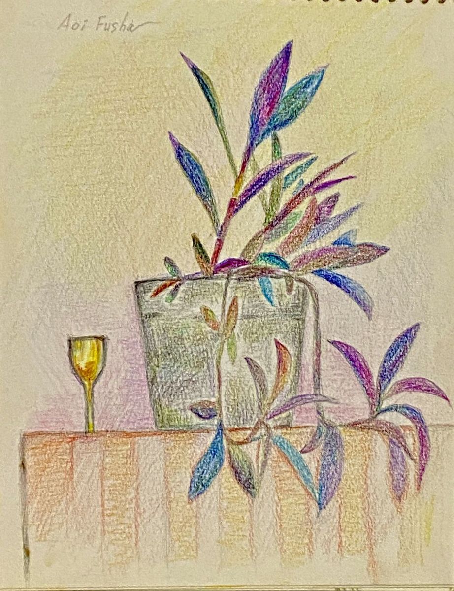 Bloom4(紫色の植物とゴールドのグラス 色鉛筆画)