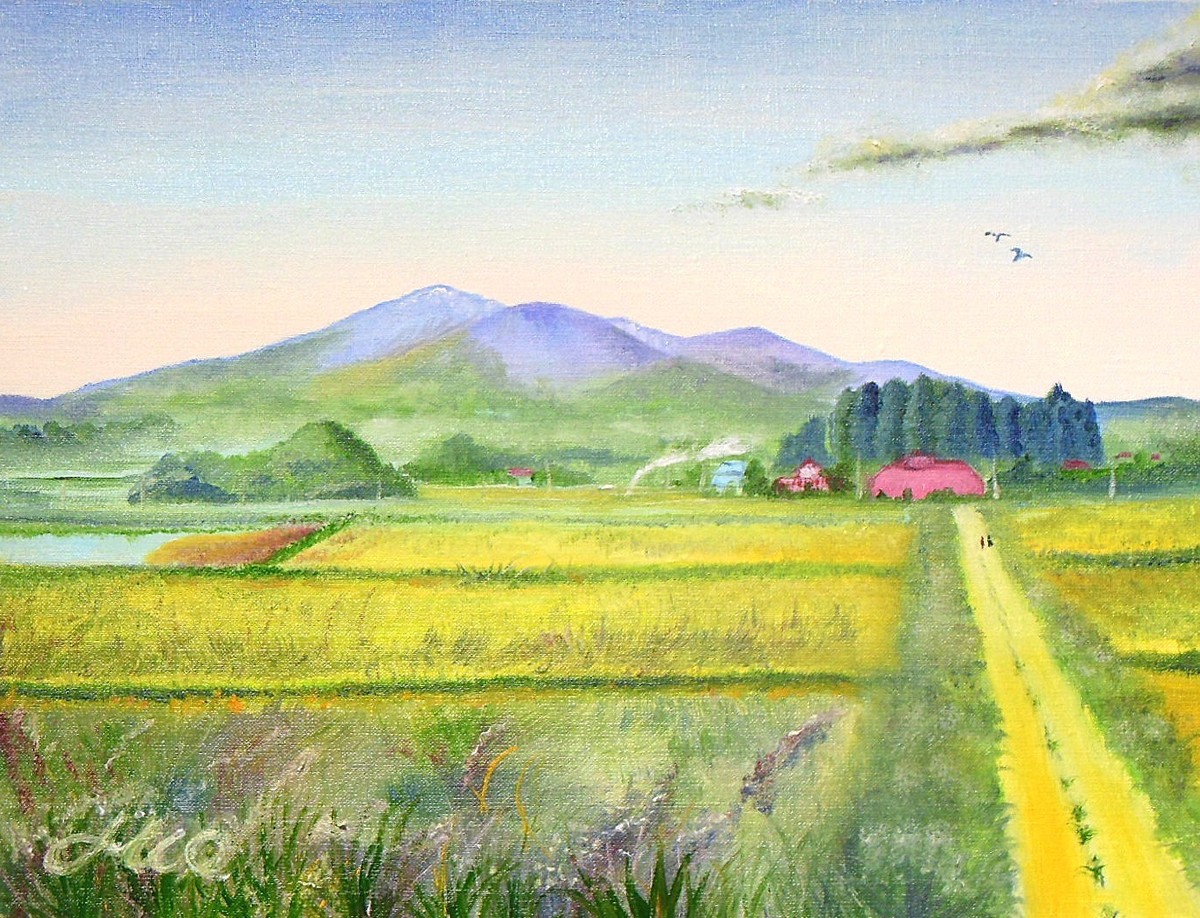 春の安達太良山、田園風景