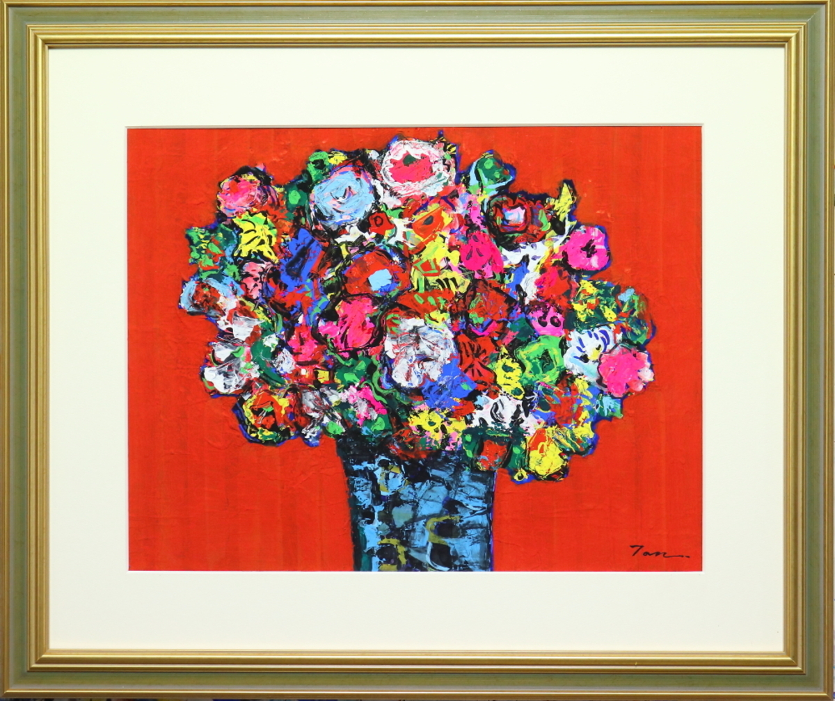 「Flowers」(NO.2512) 6号F ケント紙(0.5ミリ厚)にアクリル絵の具不透明 額付き