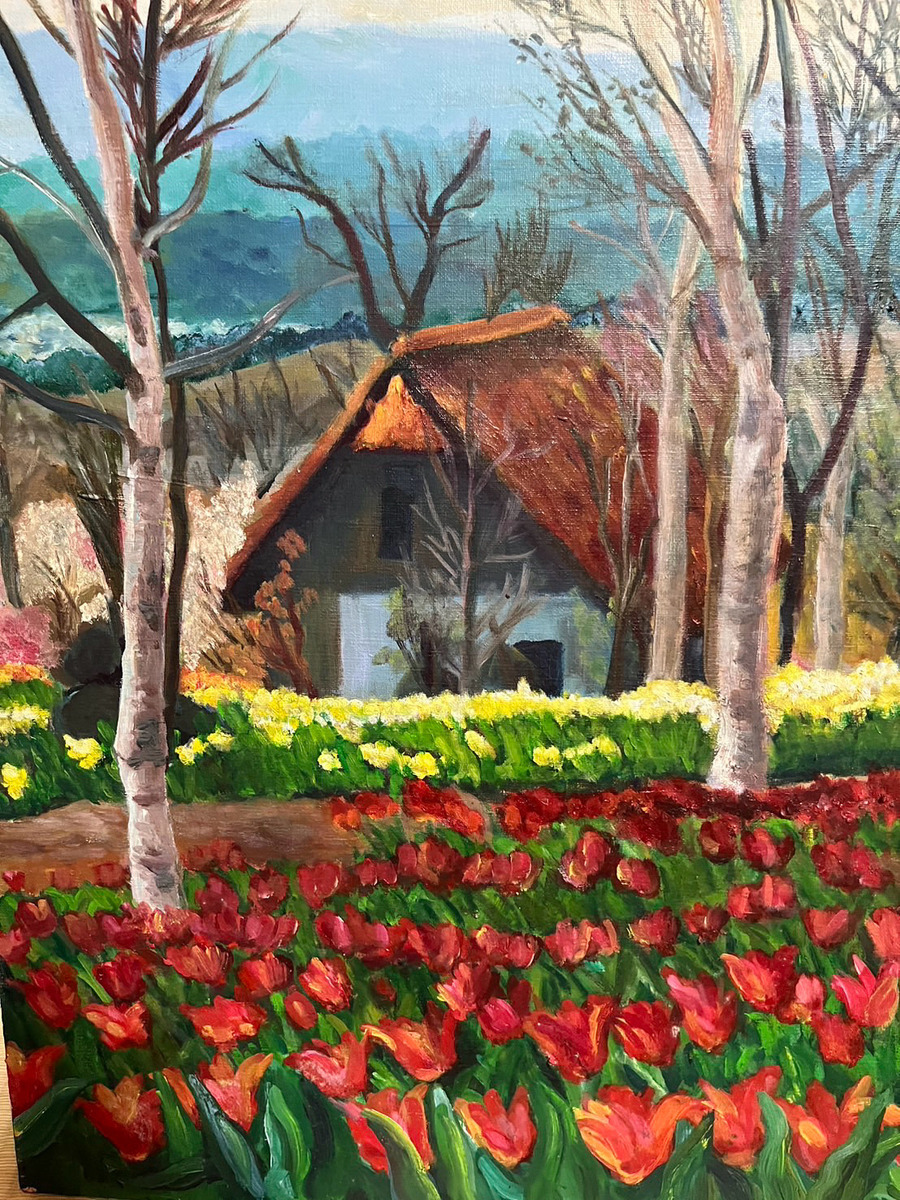油彩画 花のある風景