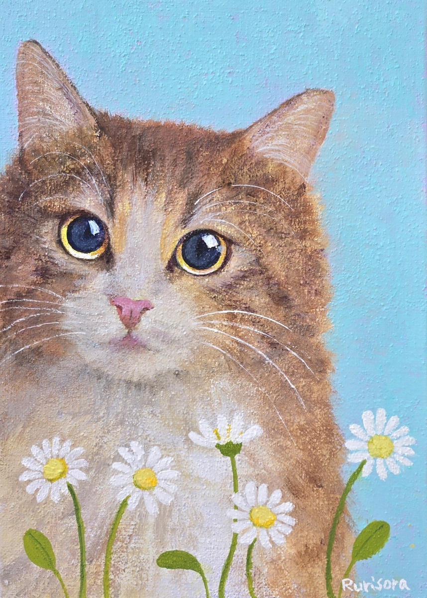 白い花と猫