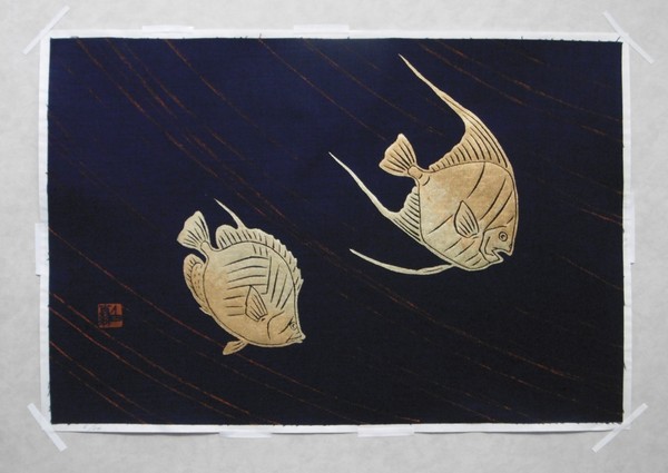 漆絵版画 「魚文」ぎょもん 淡水魚 熱帯魚 エンゼルフィッシュ(純金箔) 6/20