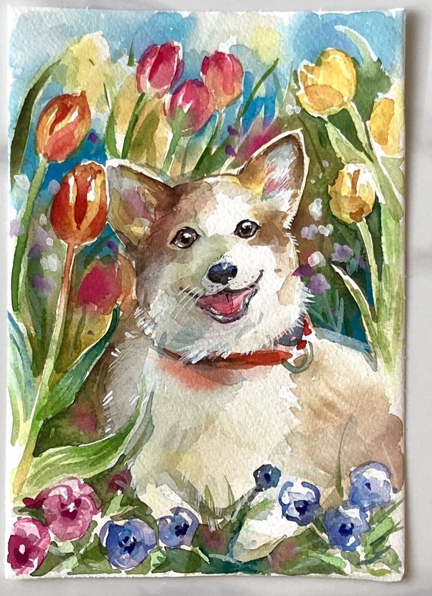 水彩画 原画 笑顔コーギー