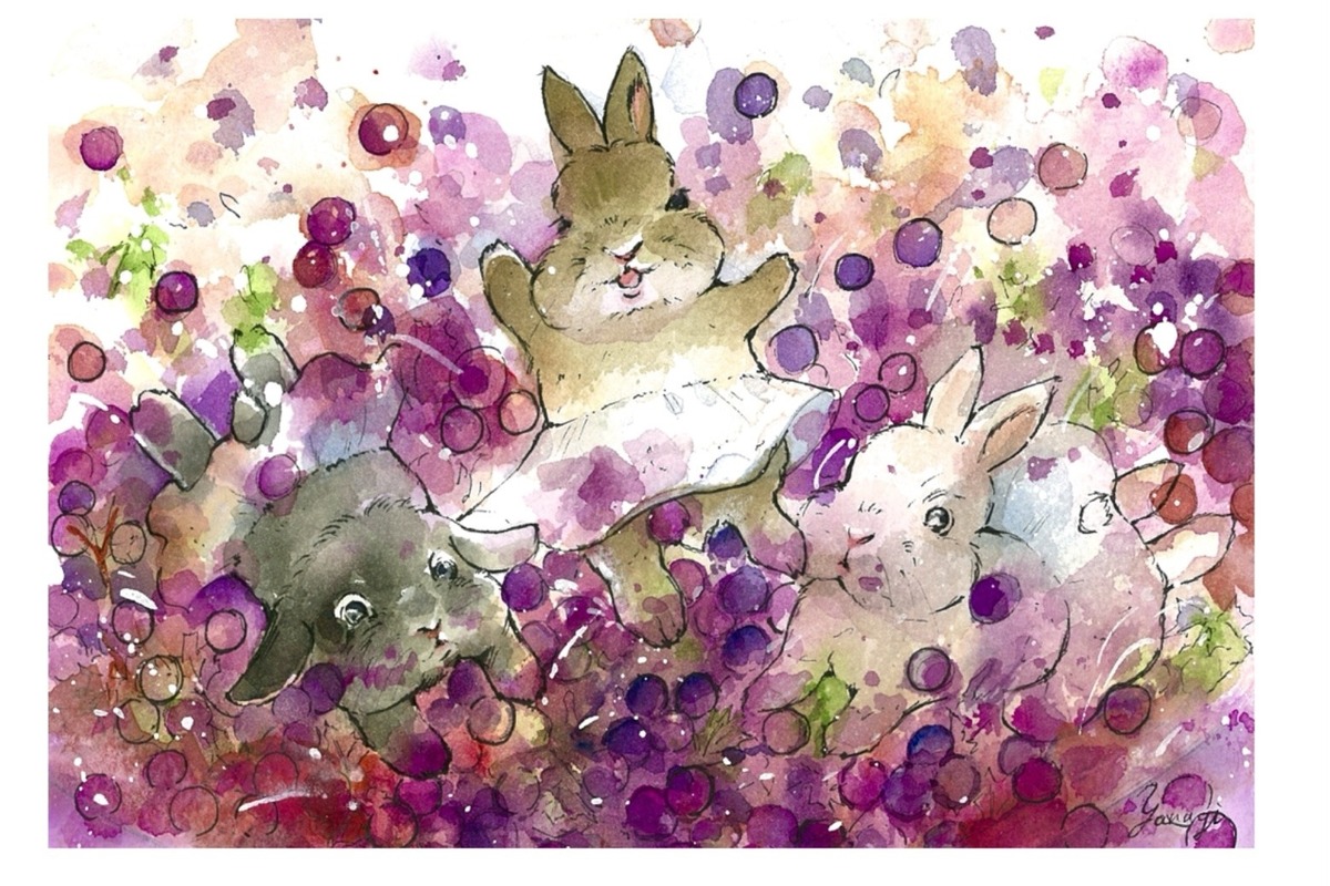 水彩画 原画 葡萄を潰すうさぎ達