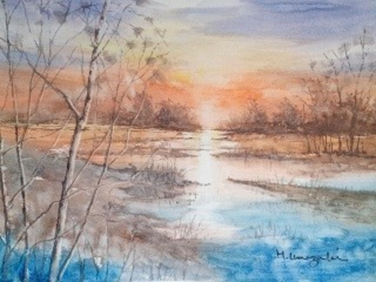 夕焼けの水辺風景
