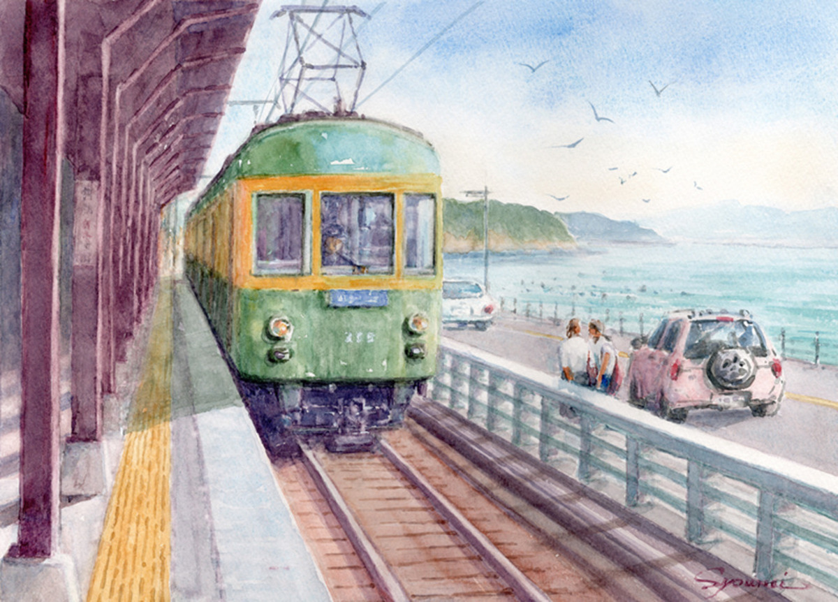 水彩画原画 江ノ電・鎌倉高校前駅と七里ガ浜の海 #669
