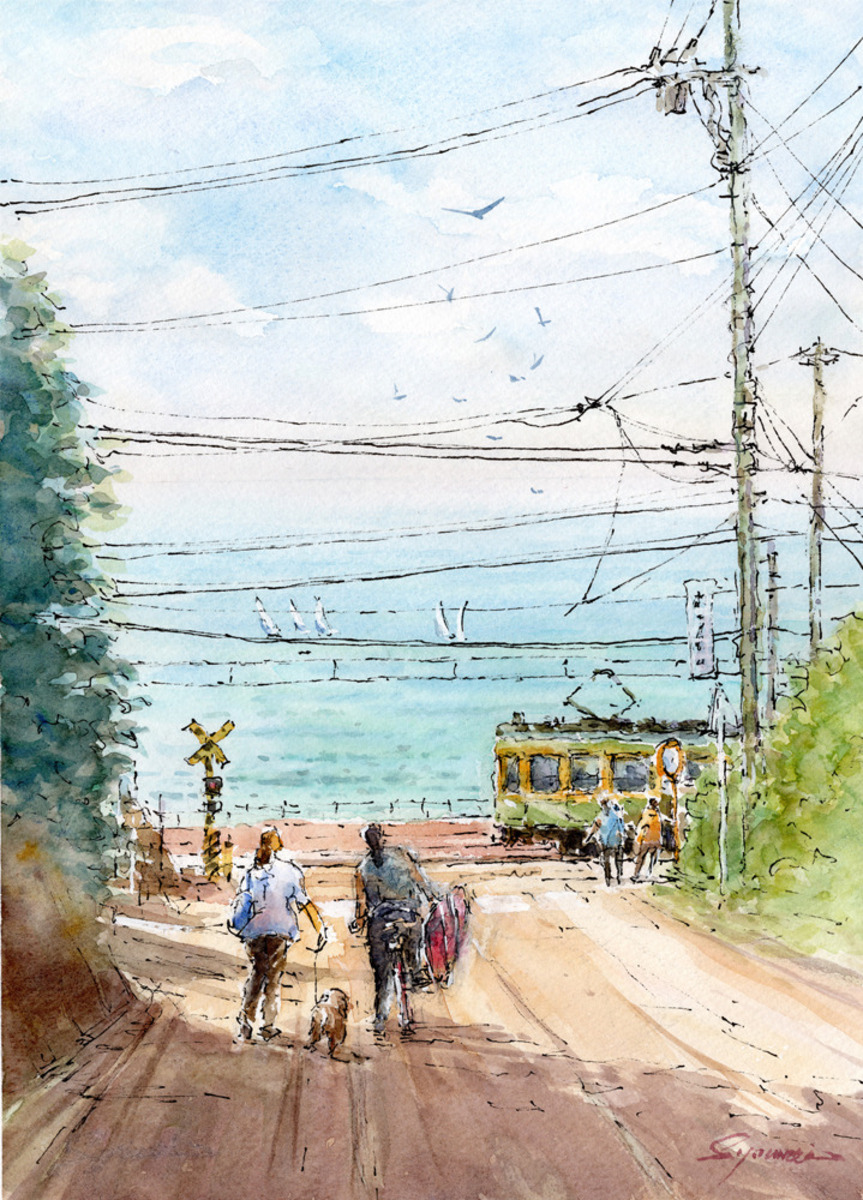 水彩画原画 江ノ電と湘南の海・日坂から #670