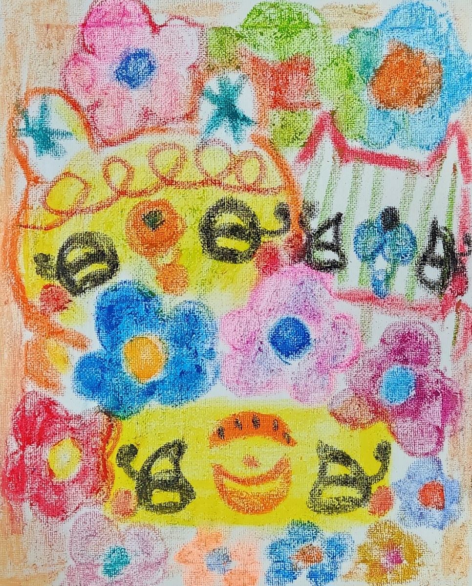 おはな女の子とくまとねこ